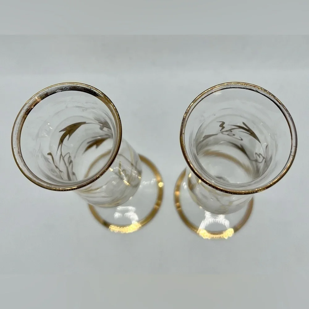 Vintage Pair of Glass Bud Vases Gold Gilt Floral Flower Leaves MCM